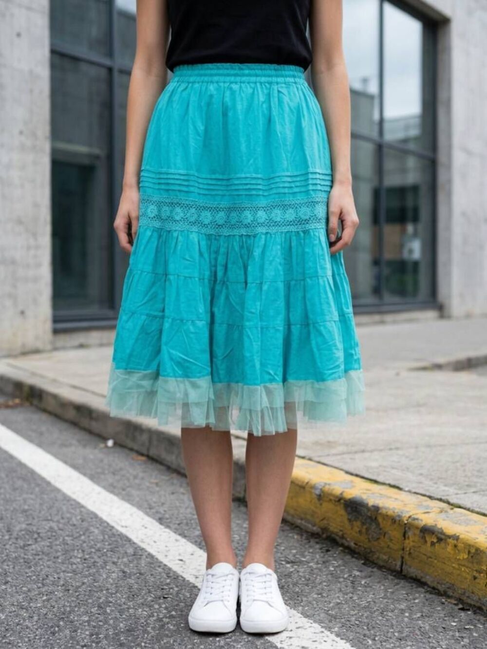 🍑Turquoise Layered Crochet Lace Tiered Boho Skirt Medium